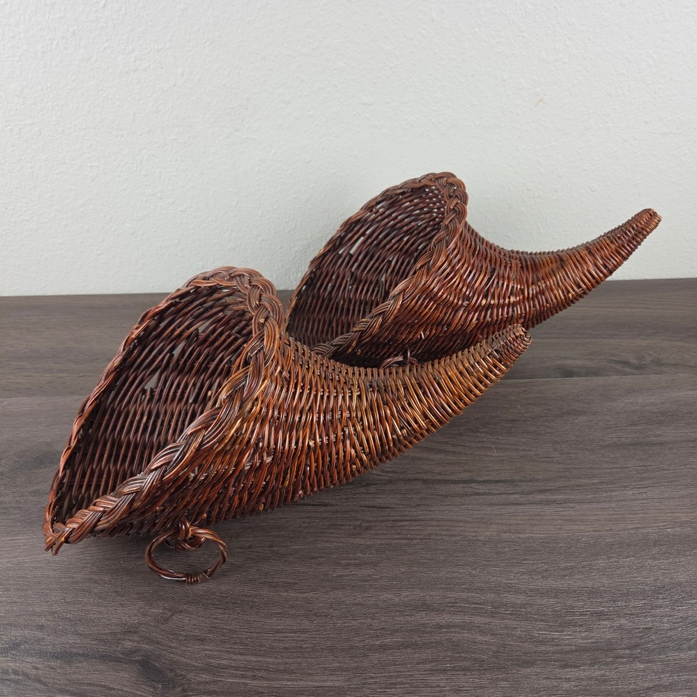 Vintage Cornucopia Wicker Basket Set 2 Brown Thanksgiving Decor Lacquered